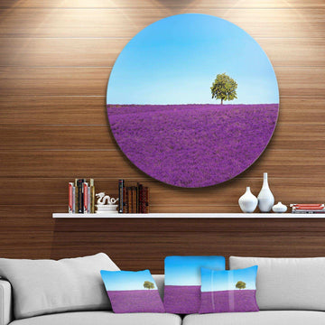 Lonely Tree in Lavender Field - Landscape Round Metal Wall Art